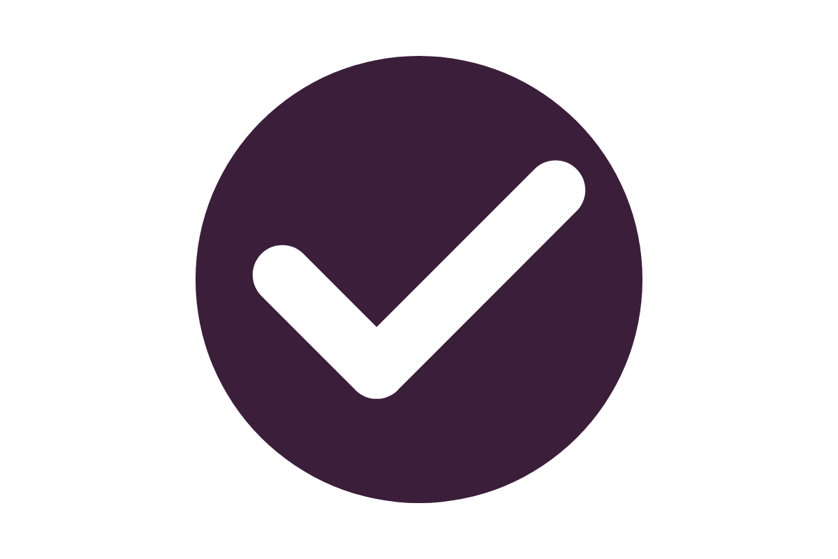 White checkmark inside a purple circle.