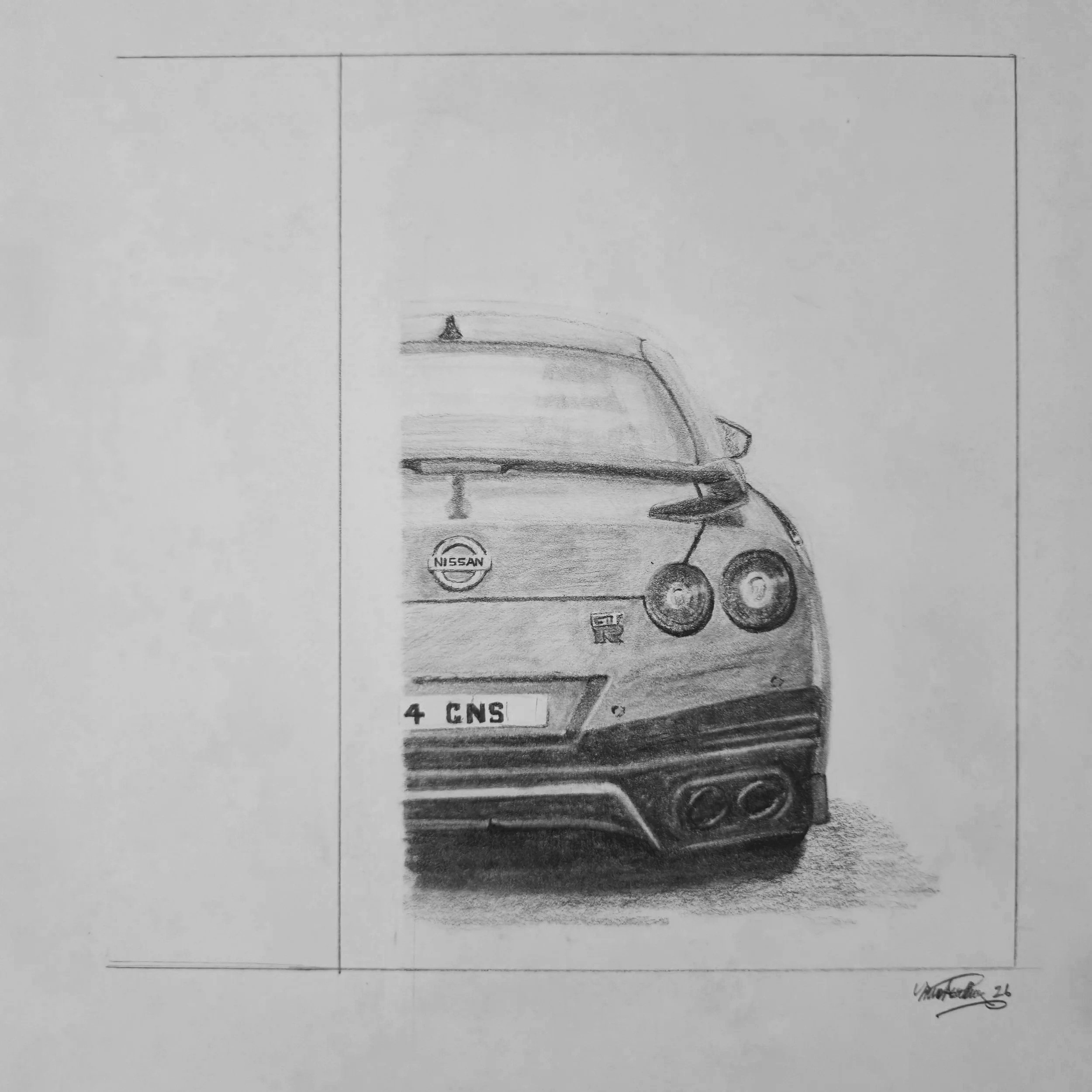 A pencil sketch of a Nissan truck, showing the front view with the Nissan logo and details of the grille, headlights, and bumper.
