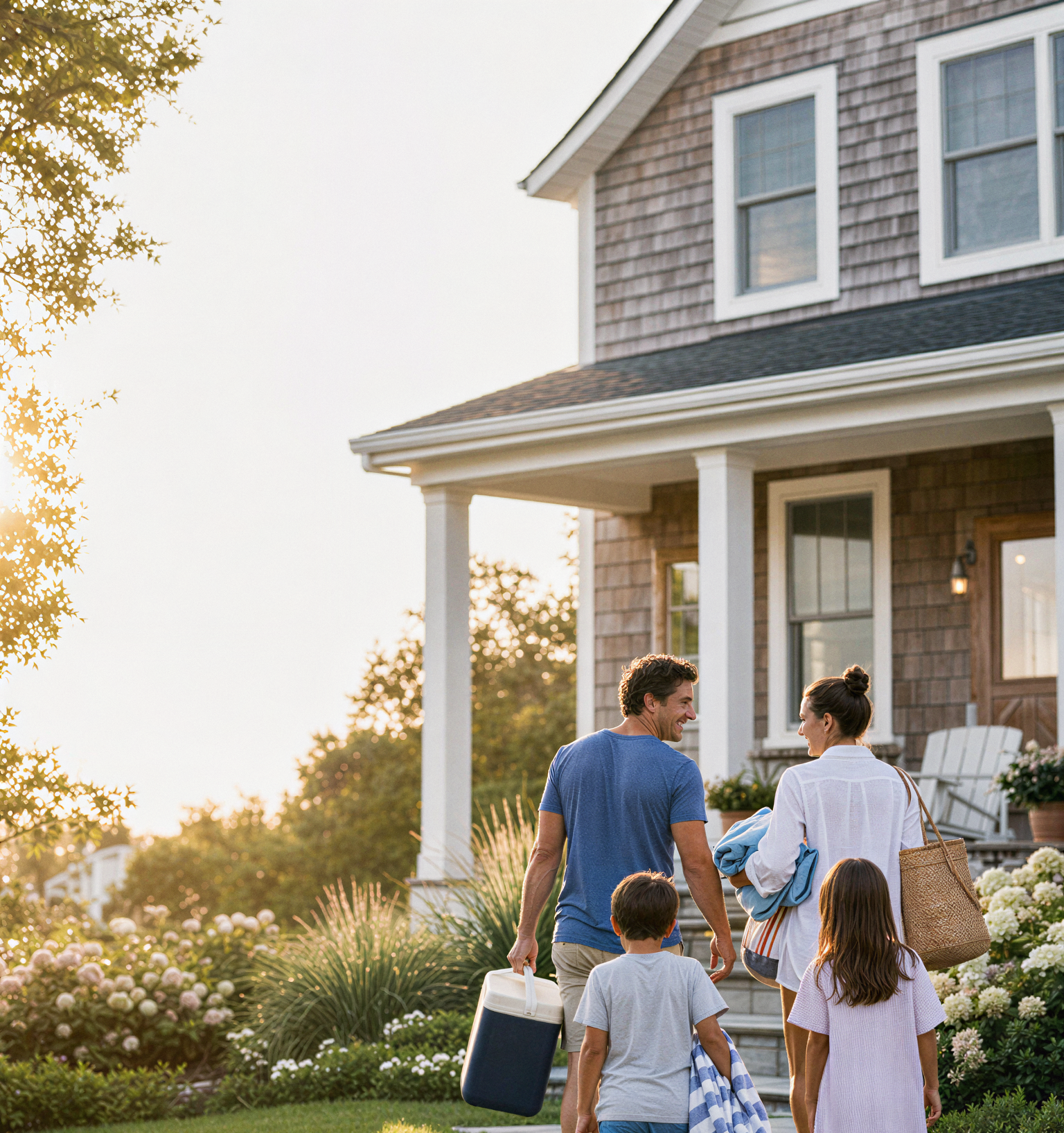 Family in a Delaware beach community walking to their house happy.