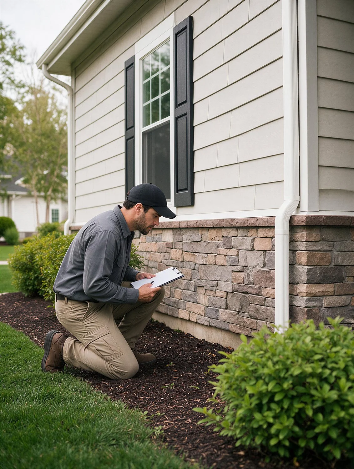 A man kneeling on the grass outside a house, examining the foundation with a clipboard.
