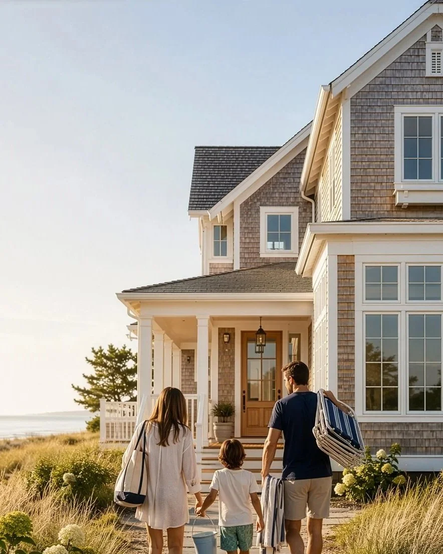 A family of three walking towards a beach house with a porch at sunset, carrying chairs and a bag.