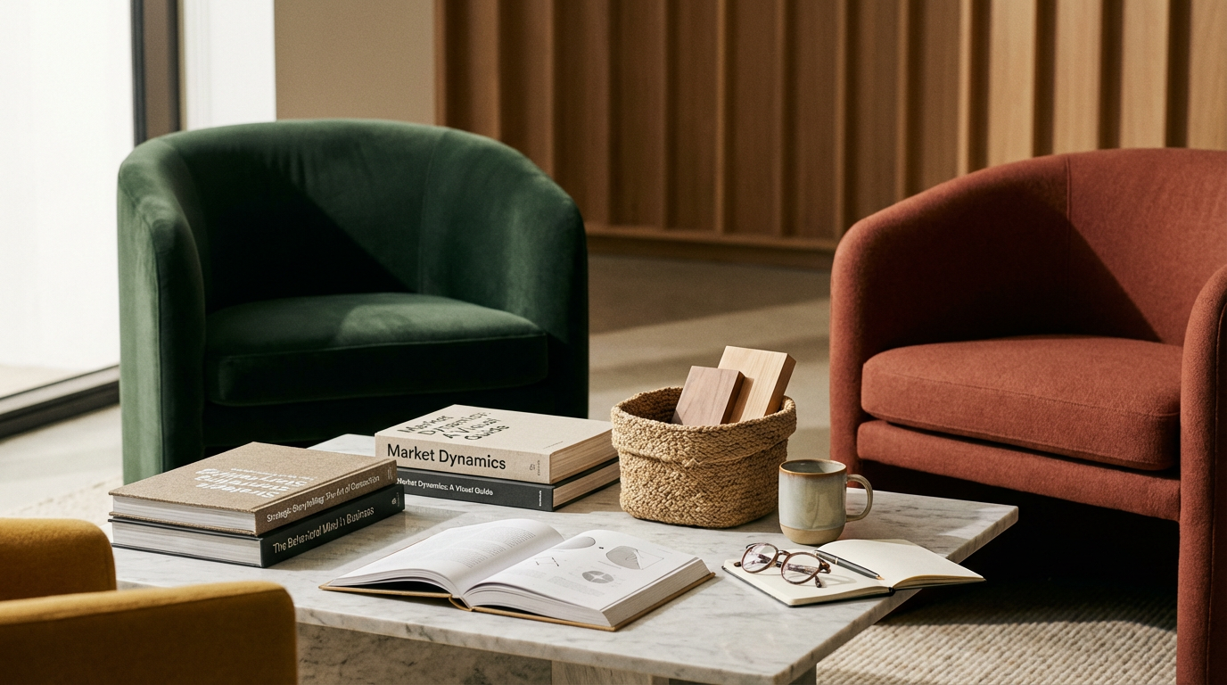 A cozy reading and meeting space with a marble coffee table, surrounded by a green, a red, and a yellow armchair, with books, a notebook, eyeglasses, a mug, and small wooden boards on the table.