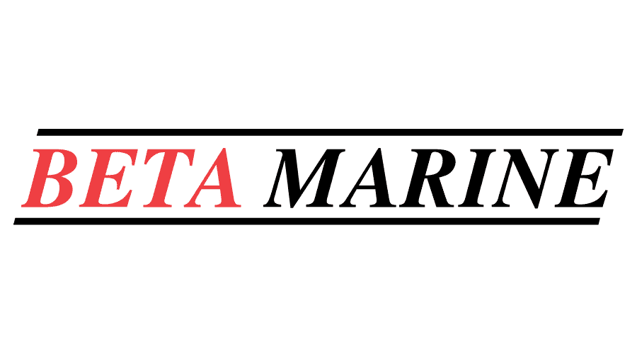 Logo with the words 'Beta Marine' in red and black font, separated by black lines.