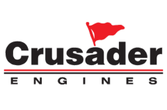 Logo of Crusader Engines with a red flag above the text.