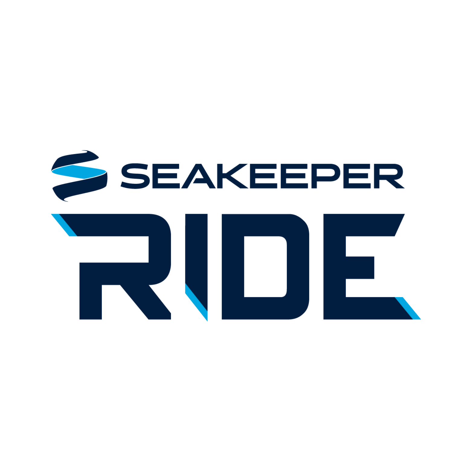 The logo of SeaKeeper Ride features a stylized wave icon above the text 'SeaKeeper' in dark blue, with the word 'RIDE' in large uppercase dark blue letters underneath, accented with light blue diagonal lines.