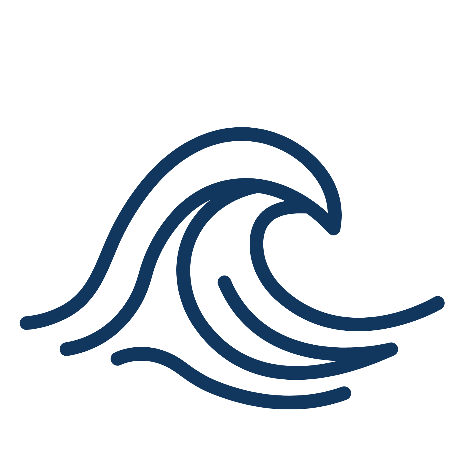 Stylized graphic of ocean waves outlined in dark blue on a black background.