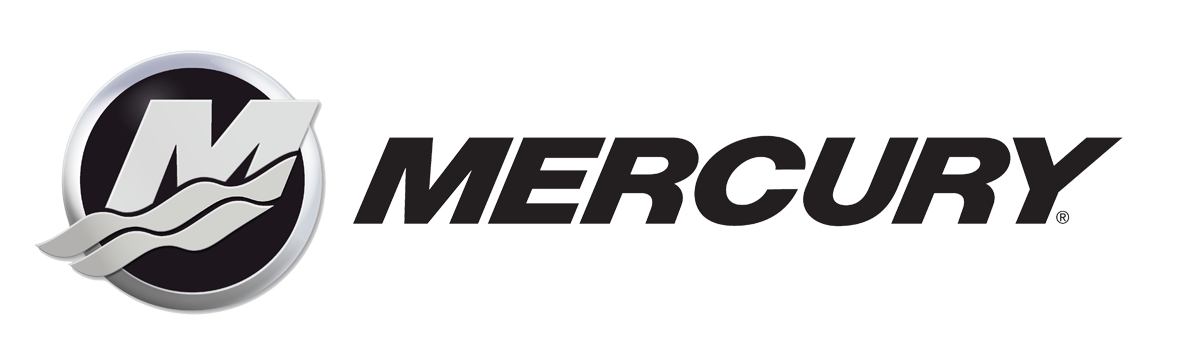 Mercury logo with a black circle, silver outer ring, and stylized silver 'M' with two waving silver lines.
