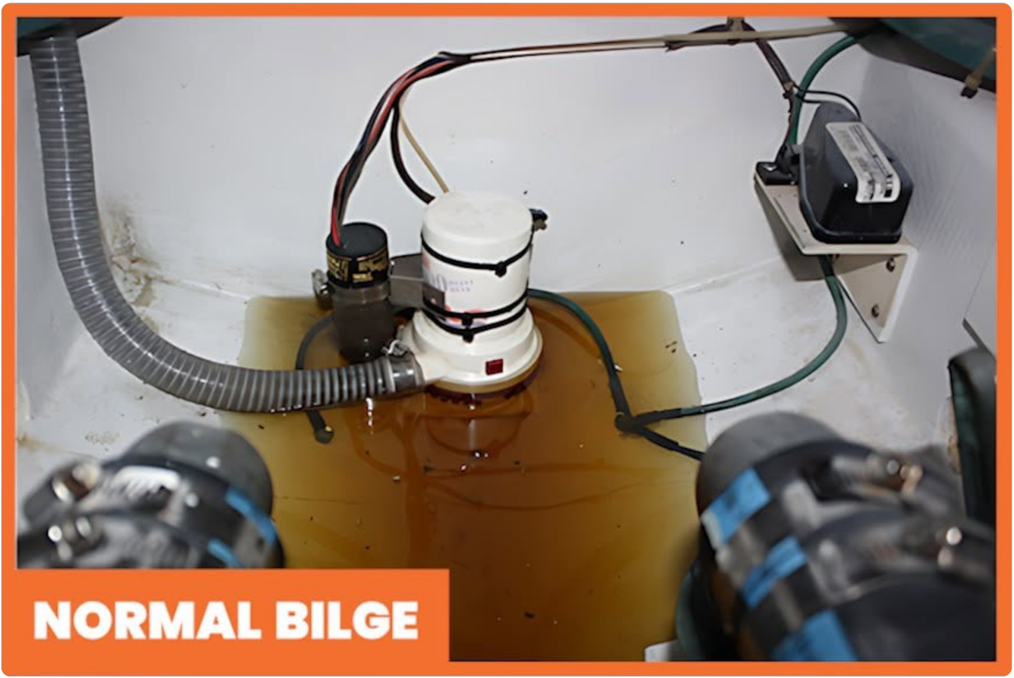 Underwater view of a submarine's hull with various tubes, wires, and mechanical components inside the main hull visible, with an orange border and is labeled "NORMAL BILGE".