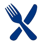 A blue icon of a fork and knife crossed together.