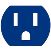 A blue electrical outlet with a surprised face design.