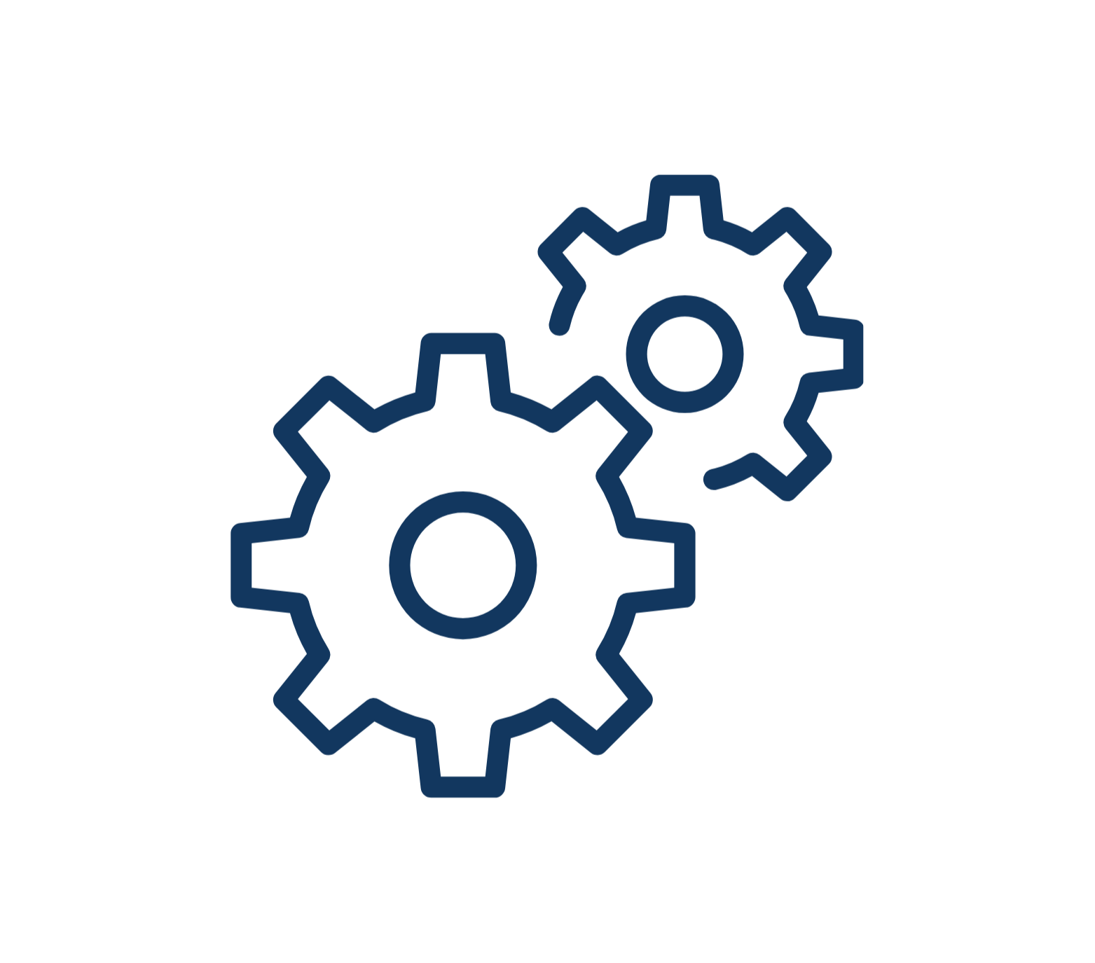 Outline drawing of two interlocking gears, representing engineering or mechanics.