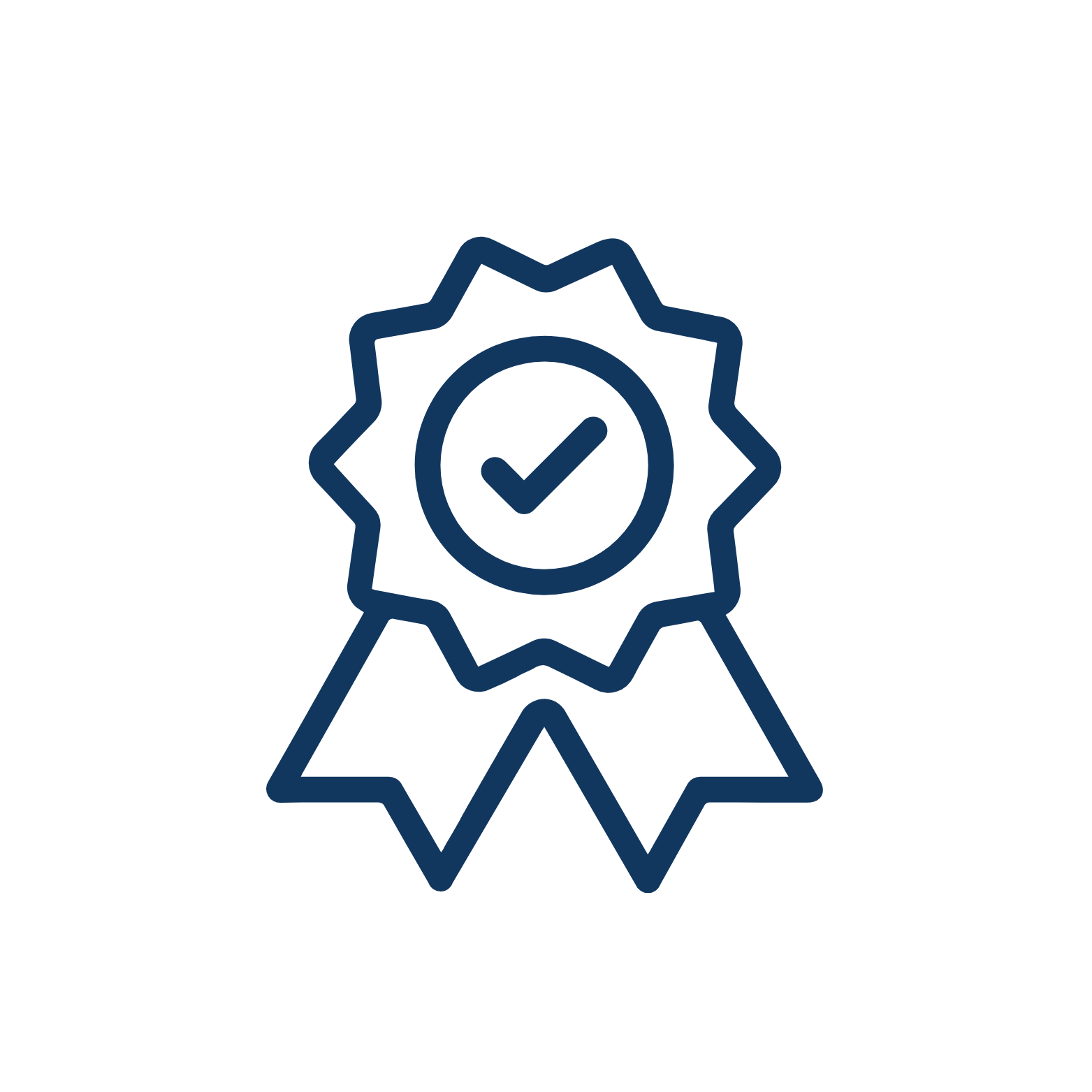 Line art icon of a certification badge with a checkmark in the center, surrounded by a gear shape, with a ribbon at the bottom.