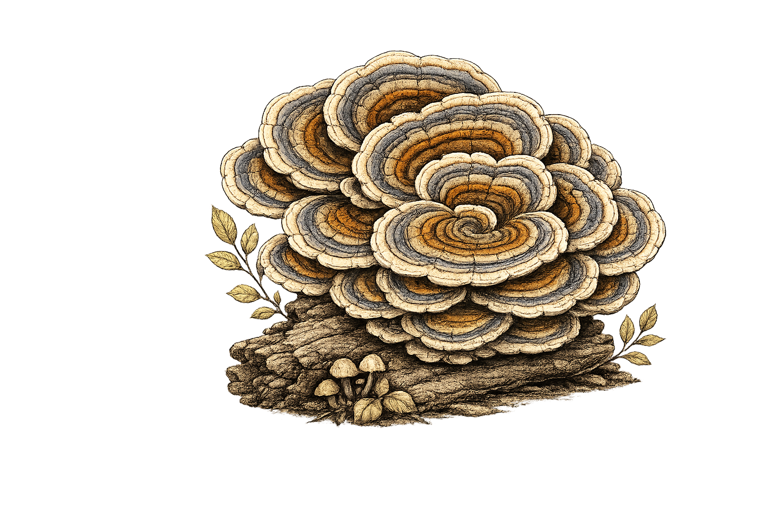 Cluster of turkey tail mushrooms growing on a log, with small mushrooms at the base and a few leaves nearby.