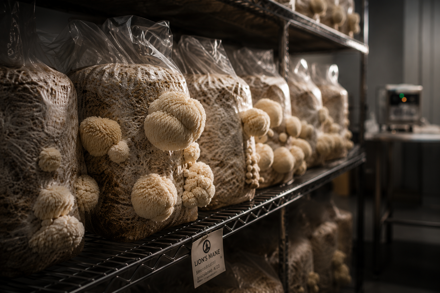Bags of cultivated mushrooms on a metal shelf in a mushroom farm or storage area.