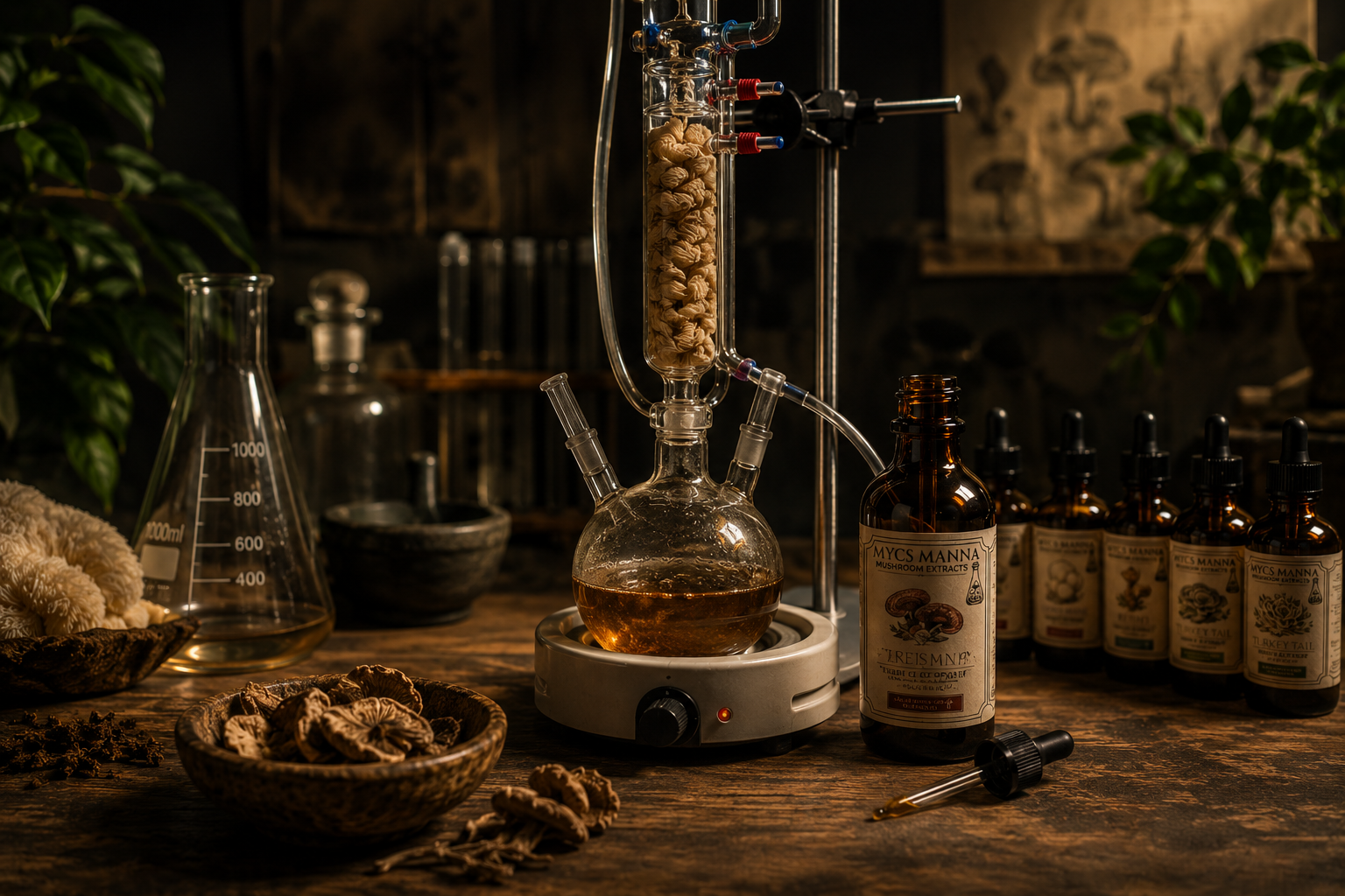 Laboratory setup with a glass distillation apparatus, bottles labeled 'Mushroom Extracts,' and dried mushrooms on a wooden table, surrounded by plants and lab equipment.