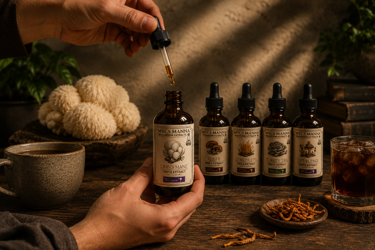 A person holding a bottle labeled 'Lion's Mane' mushroom extract, with a dropper above. There are four other bottles labeled 'Reishi,' 'Cordyceps,' 'Turkey Tail,' and 'LRT Blend' behind it. A bowl of dried mushrooms, a mug, a small dish of dried herbs, and a glass of iced beverage are also on the rustic wooden table, with a plant and books in the background.