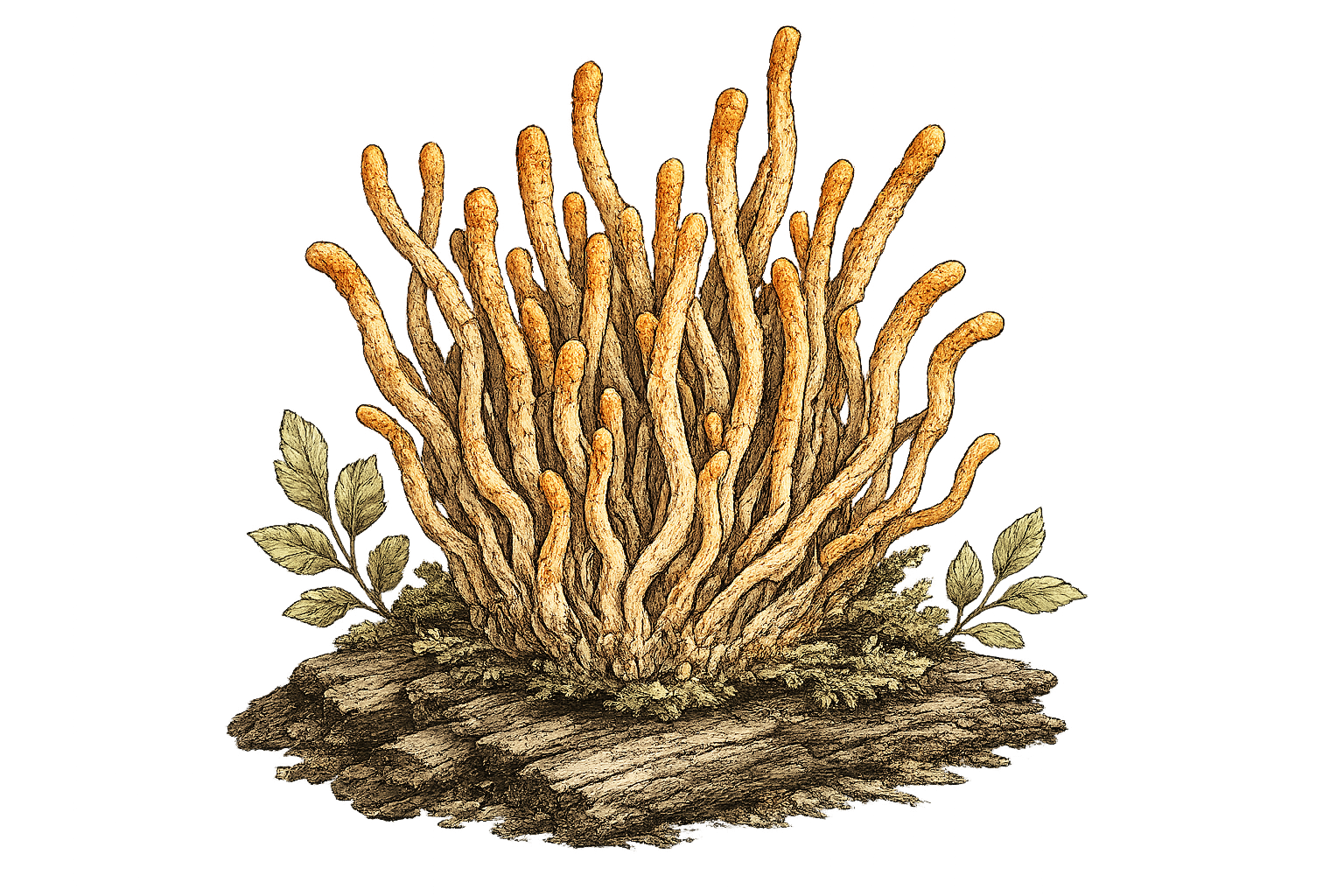Illustration of a cluster of twisted, finger-like coral standing upright on a piece of wood, with small leafy plants on both sides, set against a black background.