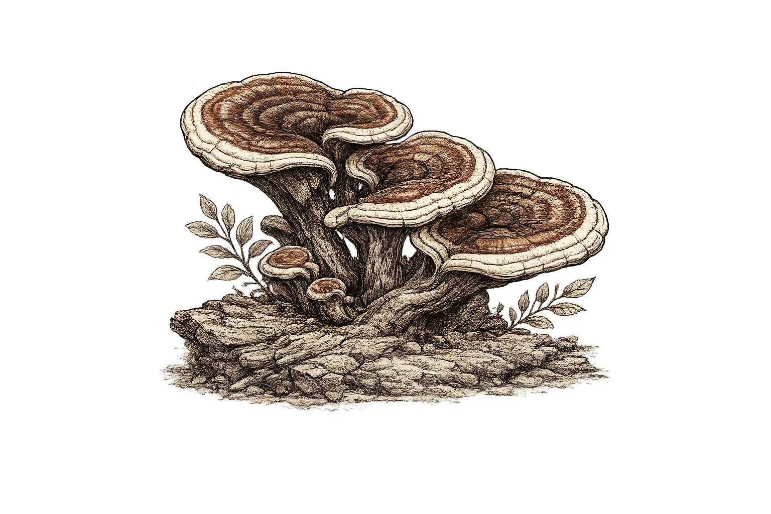 Illustration of a cluster of brown and white mushrooms growing on a piece of wood, with small leaves nearby, against a black background.
