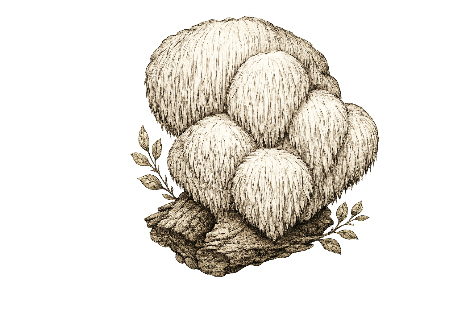 Hand-drawn illustration of a cluster of cotton buffs on a wooden surface with some cotton leaves.
