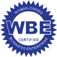 WBE Certified Woman-Owned Business Enterprise badge in blue with a circular seal design.