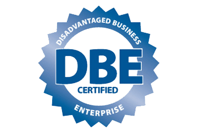 Disadvantaged Business Enterprise (DBE) certification badge with blue and silver colors