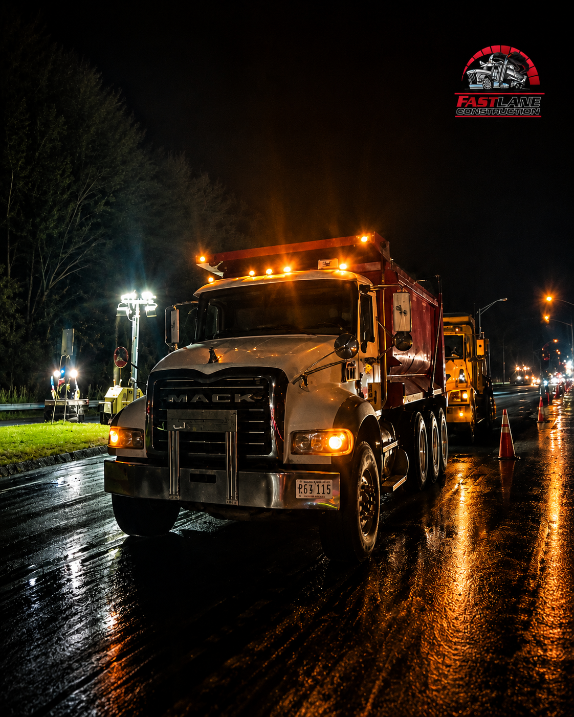 Nighttime construction scene with a Mack truck and construction equipment on a wet road, illuminated by roadside lights and orange safety cones, with a dark sky and trees in the background.