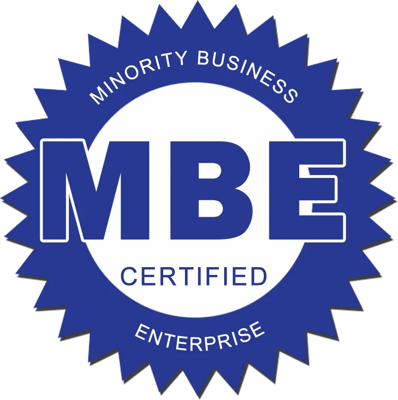 Seal with a blue spiked border that reads "Minority Business Certified" and "Enterprise" around the edge, with the large letters "MBE" in the center.