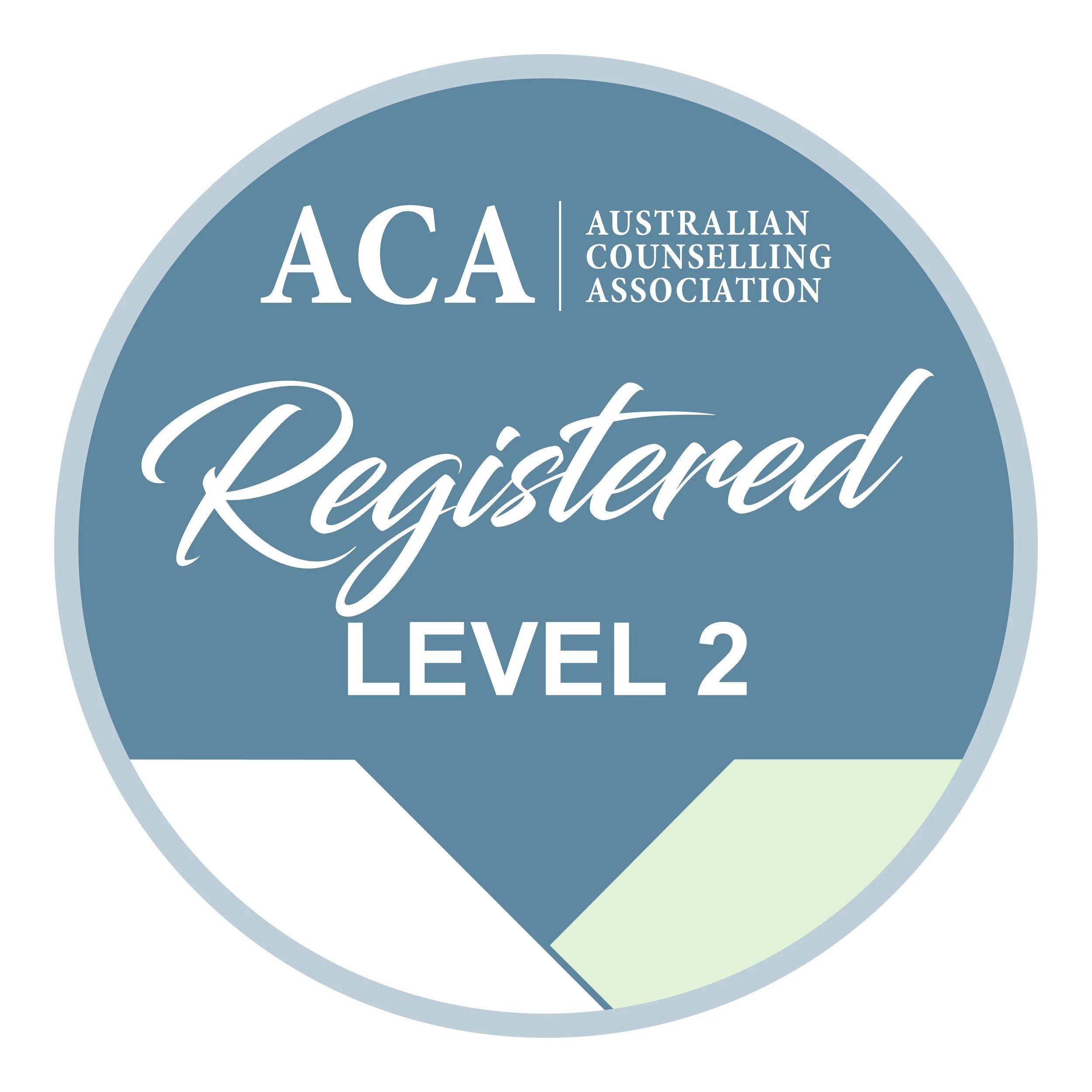 A circular badge with the Australian Counselling Association logo, indicating registration at level 2, with the word 'Registered' written in cursive.