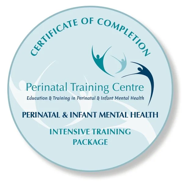 Circular certificate badge for a Perinatal Training Centre indicating education and training in perinatal and infant mental health, titled 'Certificate of Completion' with an intensive training package for perinatal and infant mental health.
