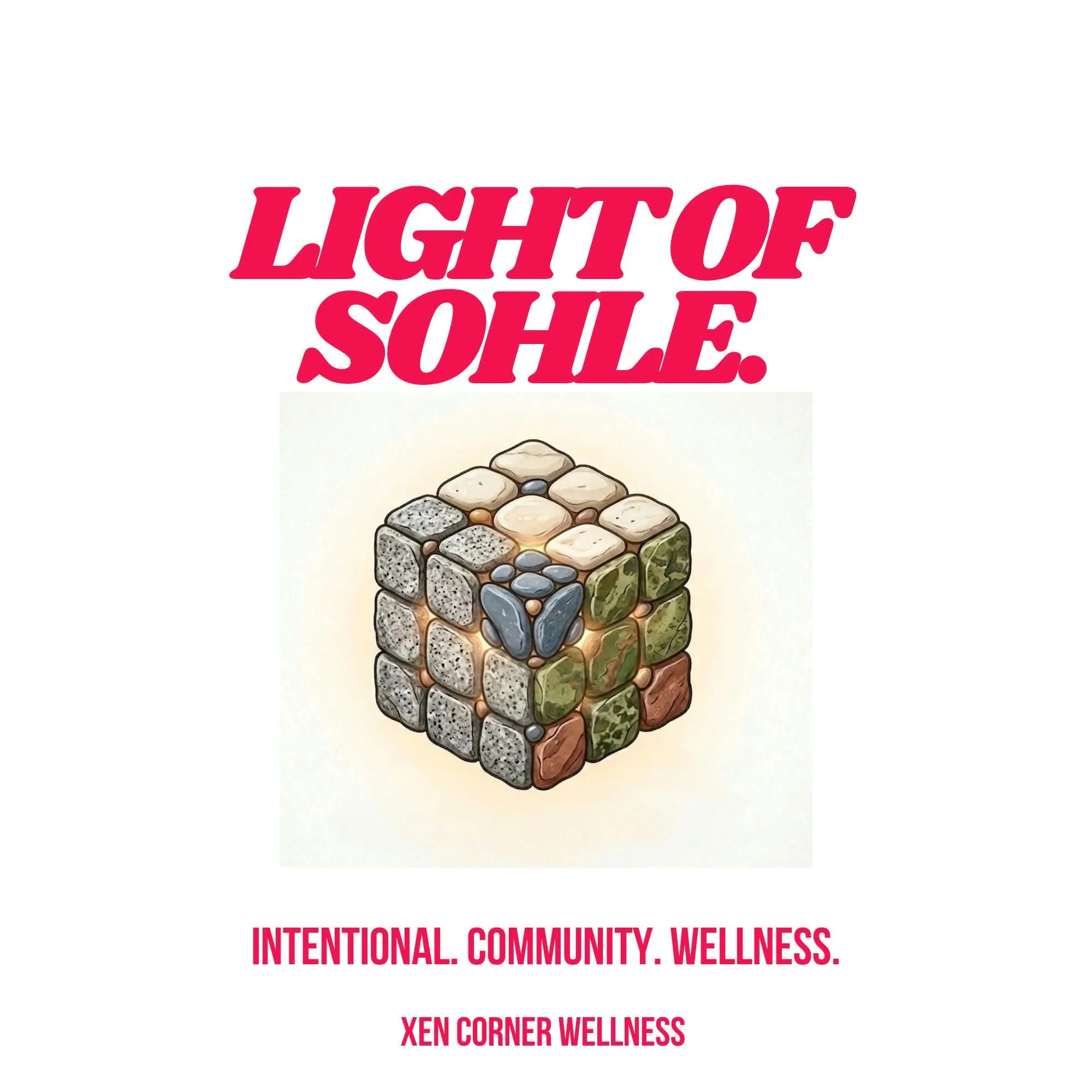 Logo with a pile of assorted stones forming a cube and text that says 'Intentional Community Wellness. Ven Corner Wellness'.