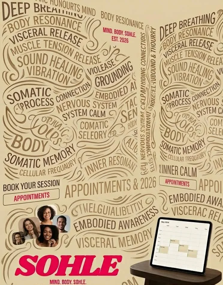 A poster promoting health and wellness sessions focused on body resonance, visceral release, sound healing, and grounding, with mentions of appointment bookings, embodied awareness, and a digital calendar.