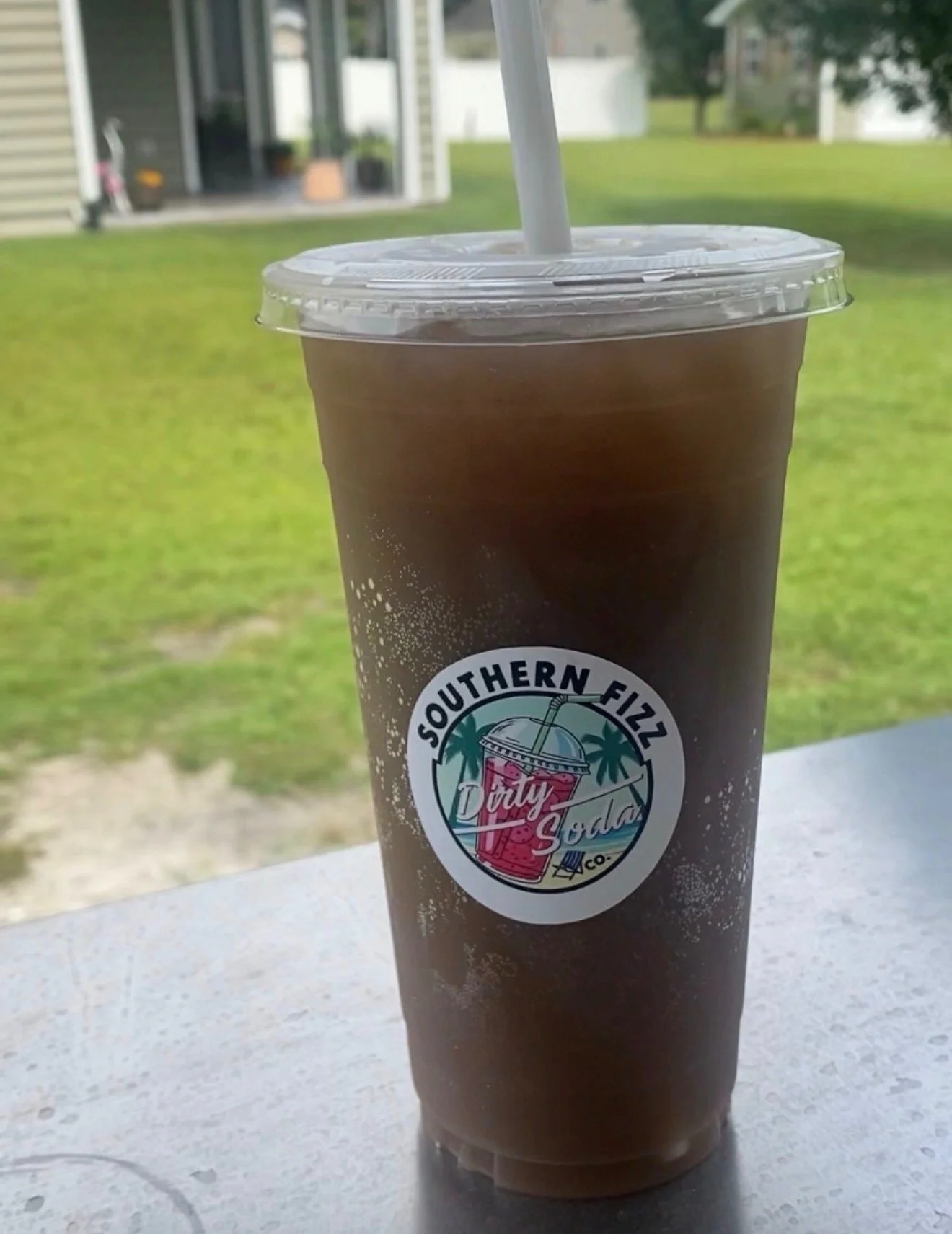 A cold beverage in a plastic cup with a straw, with a label that reads "Southern Fizz Daily Soda Co." and depicts a tropical drink with a straw and palm trees in the background, placed on a surface near a window with a grassy yard outside.