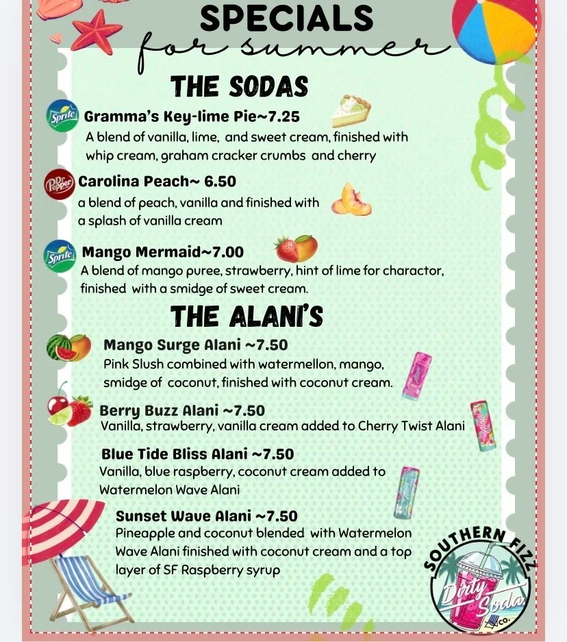 Summer drink specials menu from Southern Fizzy Soda with flavors including Granny's Key-lime Pie, Carolina Peach, Mango Mermaid, Mango Surge Alani, Berry Buzz Alani, Blue Tide Bliss Alani, and Sunset Wave Alani, each with description and prices.