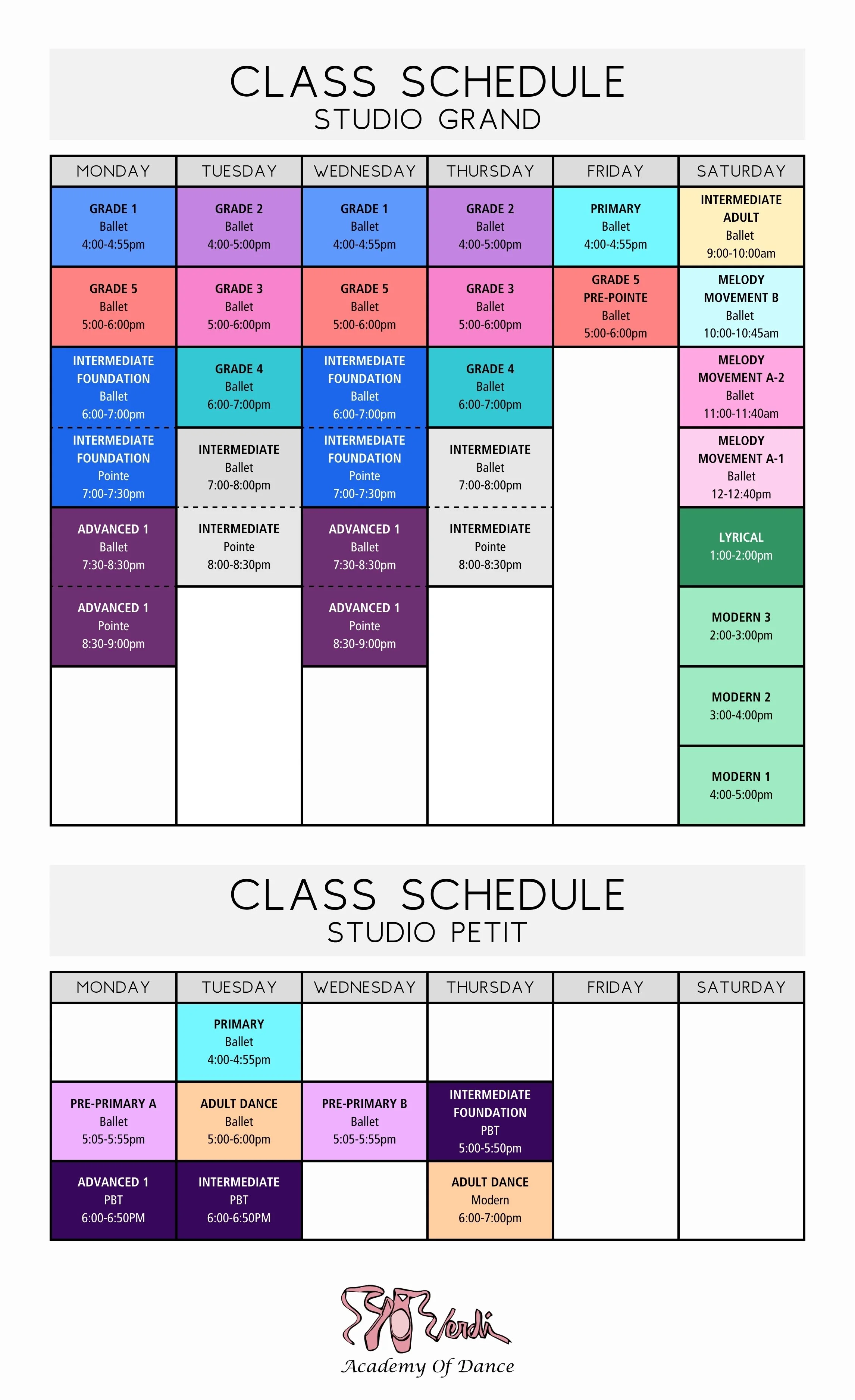 Studio Grand and Studio Petit Class Schedules
