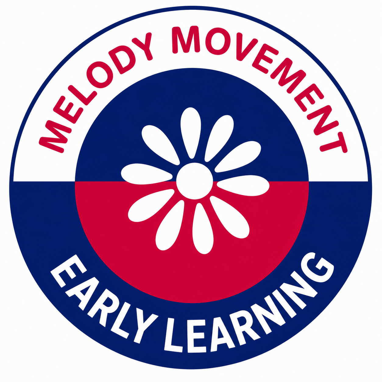 A circular logo with the words 'Melody Movement' at the top, 'Early Learning' at the bottom, and a stylized flower in the center, divided into red, white, and blue sections.