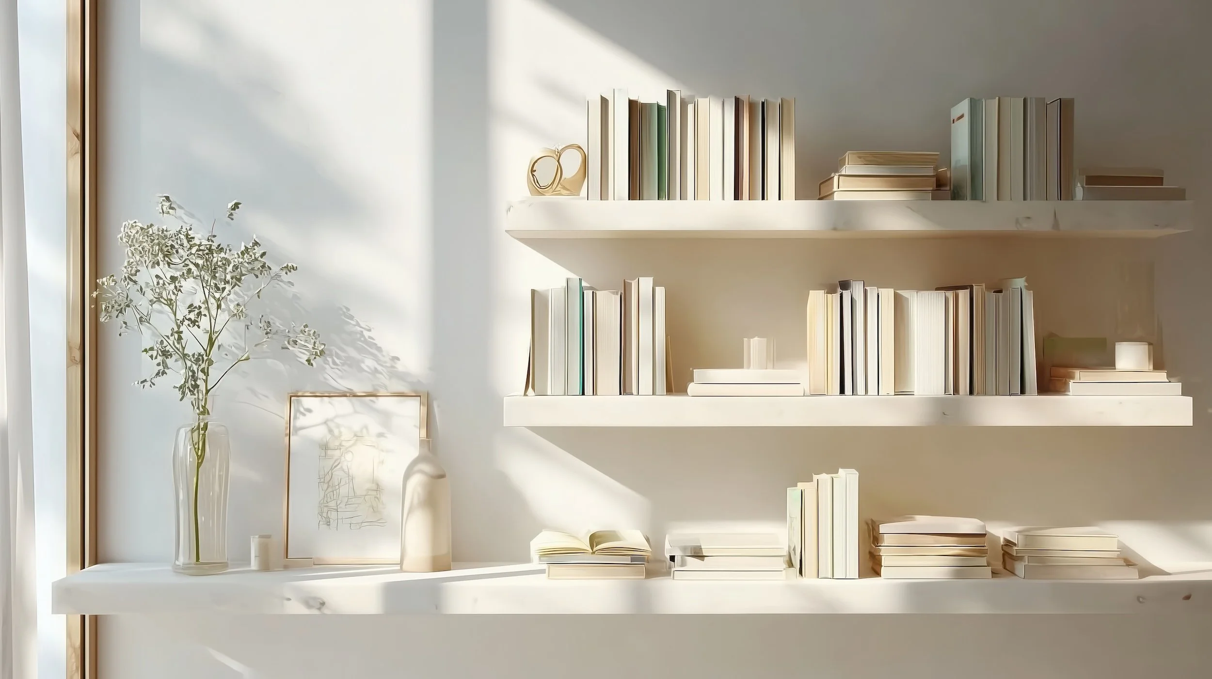 Sunlit white bookshelf with books and decorative items, next to a white vase with foliage and a framed sketch.