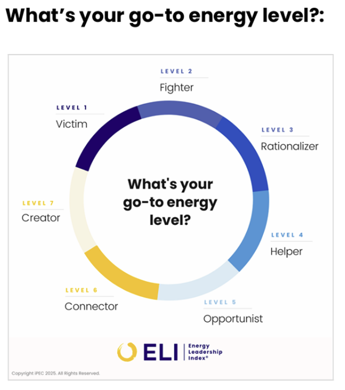 A circular chart with different energy levels labeled from 1 to 7, each associated with a descriptive term. Level 1 is Victim, Level 2 is Fighter, Level 3 is Rationalizer, Level 4 is Helper, Level 5 is Opportunist, Level 6 is Connector, and Level 7 is Creator. The chart asks, 'What's your go-to energy level?'