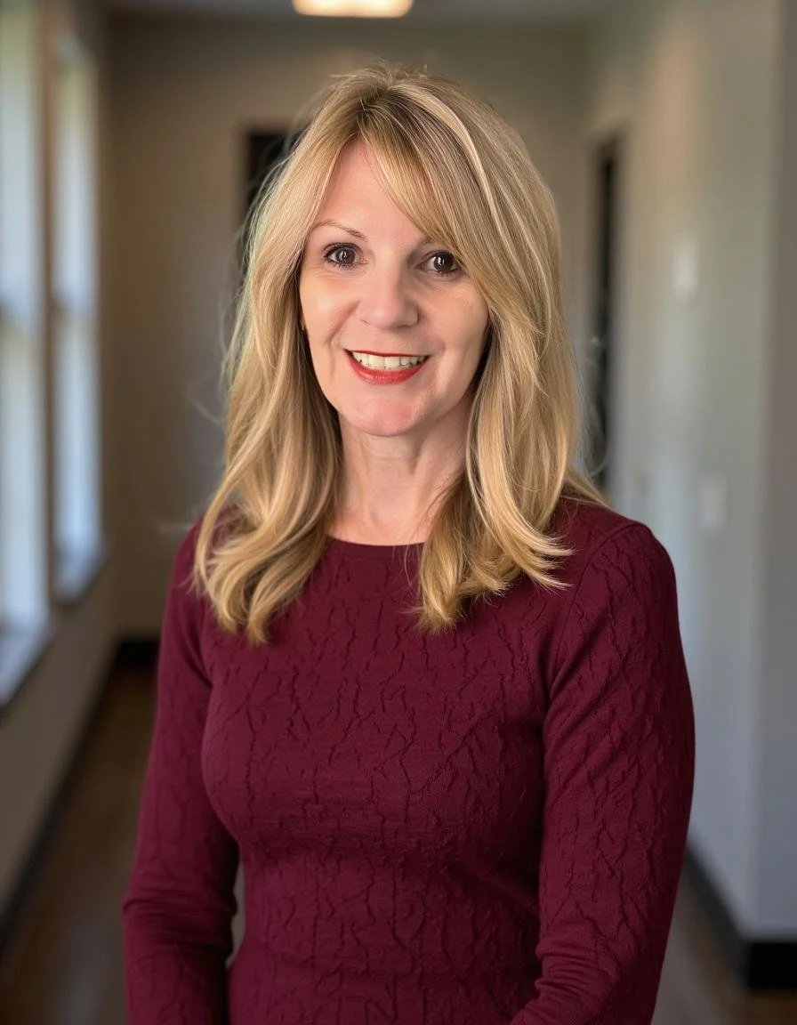 A smiling woman with blonde hair in a burgundy textured top standing in a hallway with natural light.