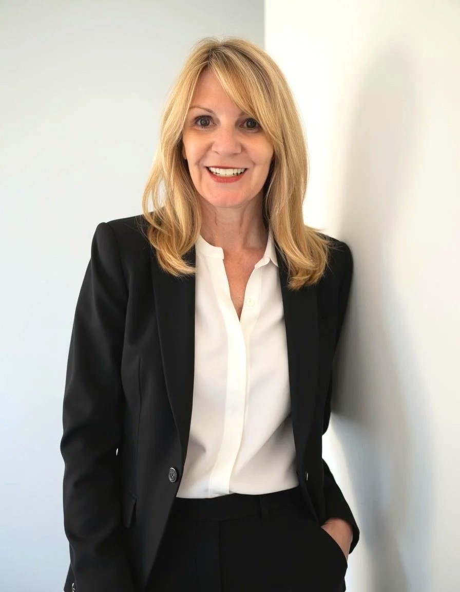 Smiling blonde woman in a black blazer, white blouse, and black pants, standing against a white wall.