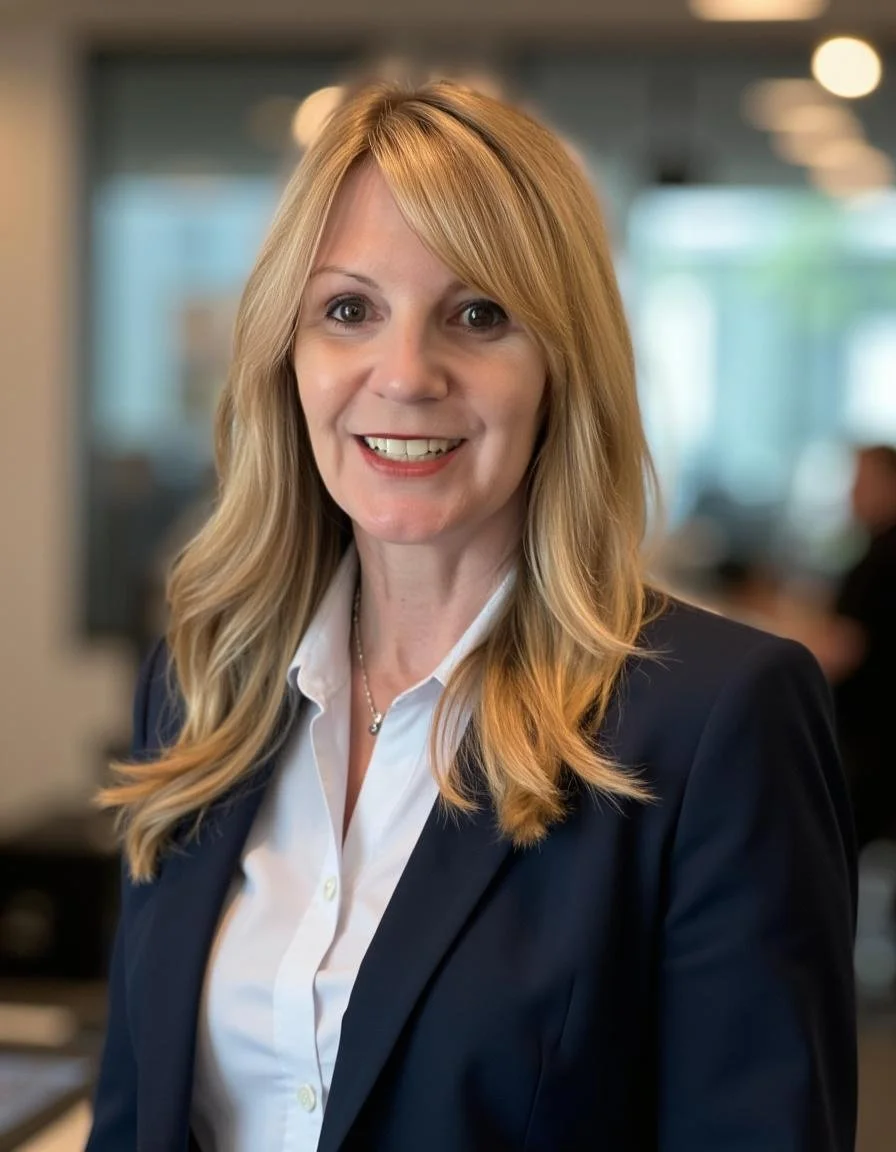 Headshot of Diane with blonde hair, wearing a dark blazer and white shirt, smiling in an indoor setting.