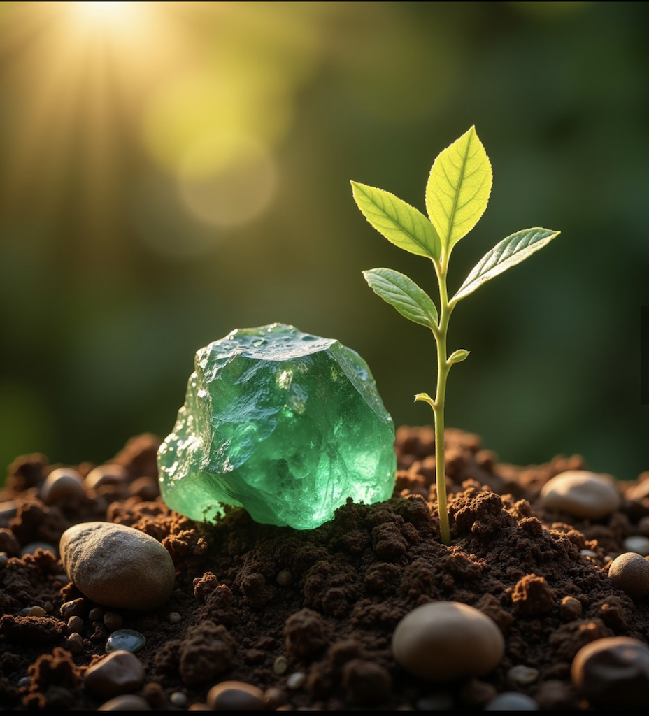 A small green plant sprouting from soil next to a large green gemstone and surrounded by small stones, with sunlight shining from the top left corner.
