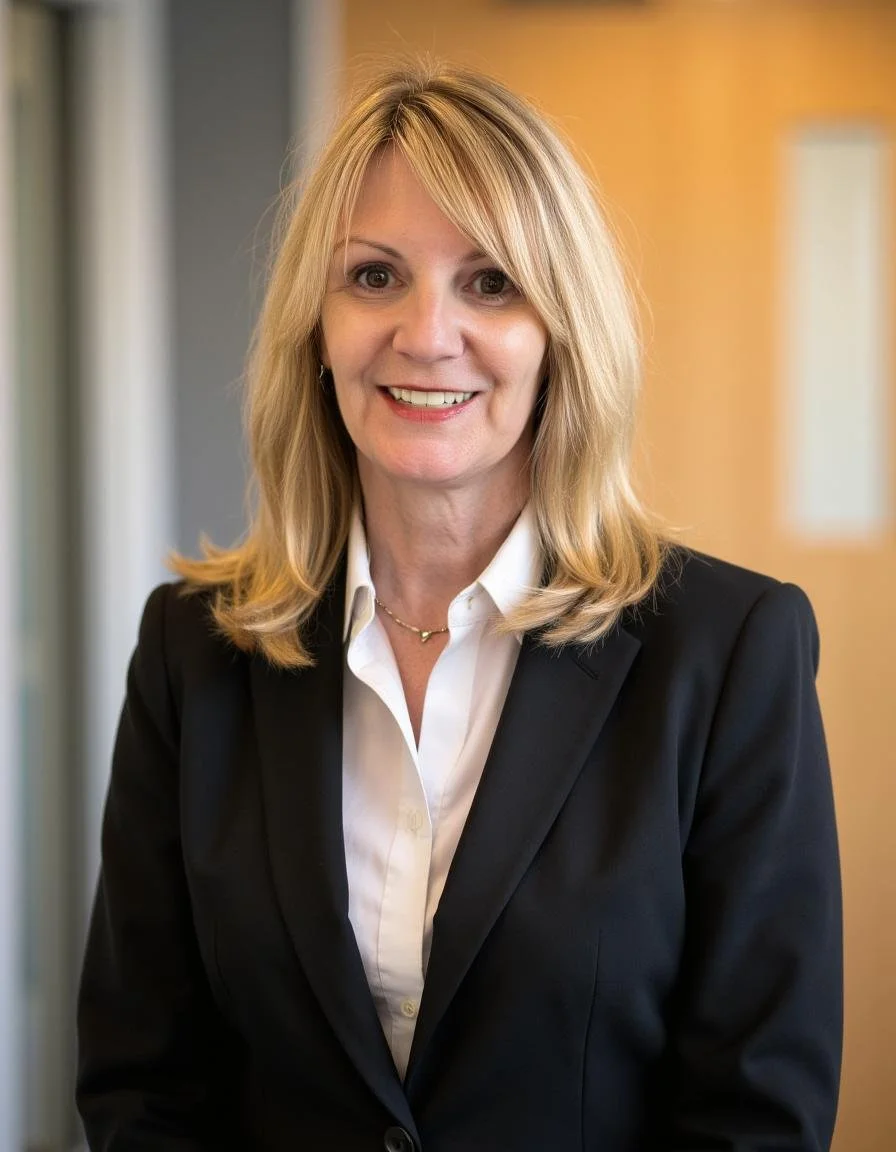 Diane with shoulder-length blonde hair, wearing a black blazer and white shirt, smiling at the camera. She is standing indoors with a blurred background.