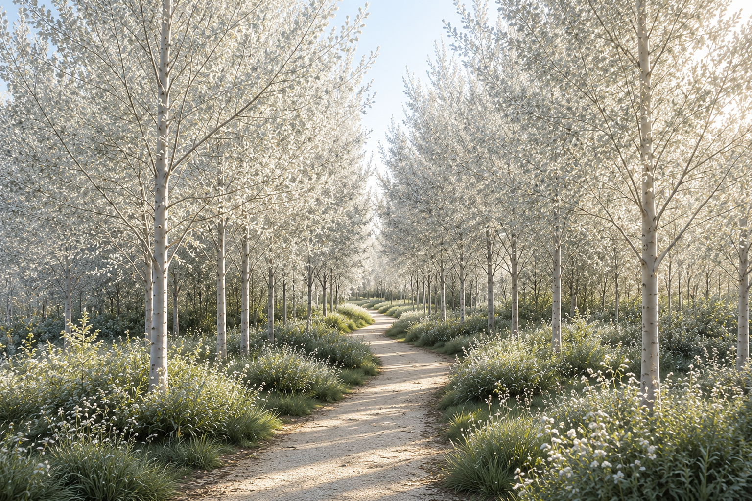 A peaceful pathway winding through a sunlit  grove of trees with white blossoms, illuminated by sunlight.