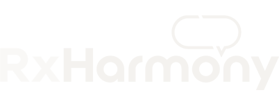 Logo with the text 'RxHarmony' in bold white letters on a black background.