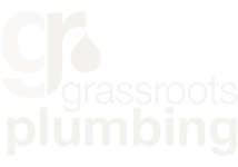 Logo with the text 'Grassroots Plumbing' featuring stylized initials 'g', 'r', and 'p' in black and white.