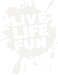 Black and white graphic with the phrase 'Live Life Fun' in bold, jagged letters, surrounded by splatters.