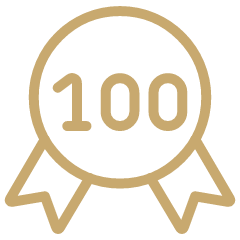 Icon of a gold medal ribbon with a circular award in the center displaying the number 100.
