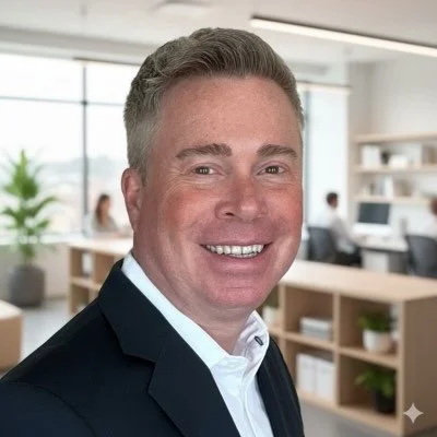 A smiling man in a suit jacket and white shirt in a modern office setting.