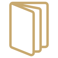 A beige outline of a closed hardcover book with two pages visible