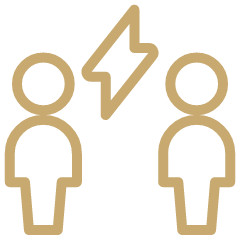 Two simplistic human figures with a lightning bolt between them, representing a power or energy connection.